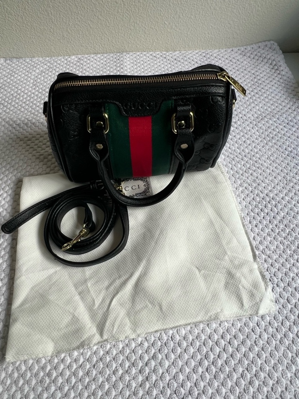 Fashion Black Faux Leather Mini Satchel with Green and Red stripes